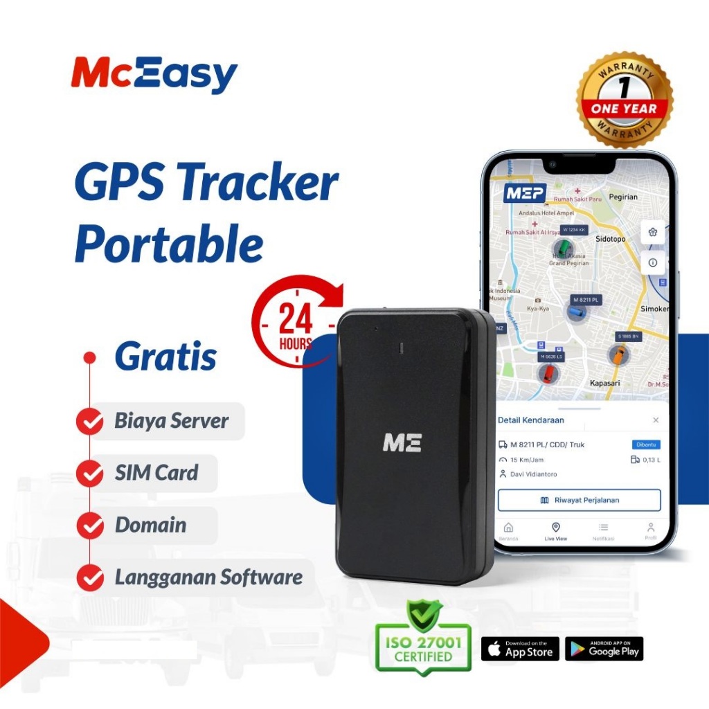 McEasy GPS Portable (Pelacak Kendaaraan Fleksibel, Mudah Lepas Pasang, Baterai Tahan Lama) + FREE SO