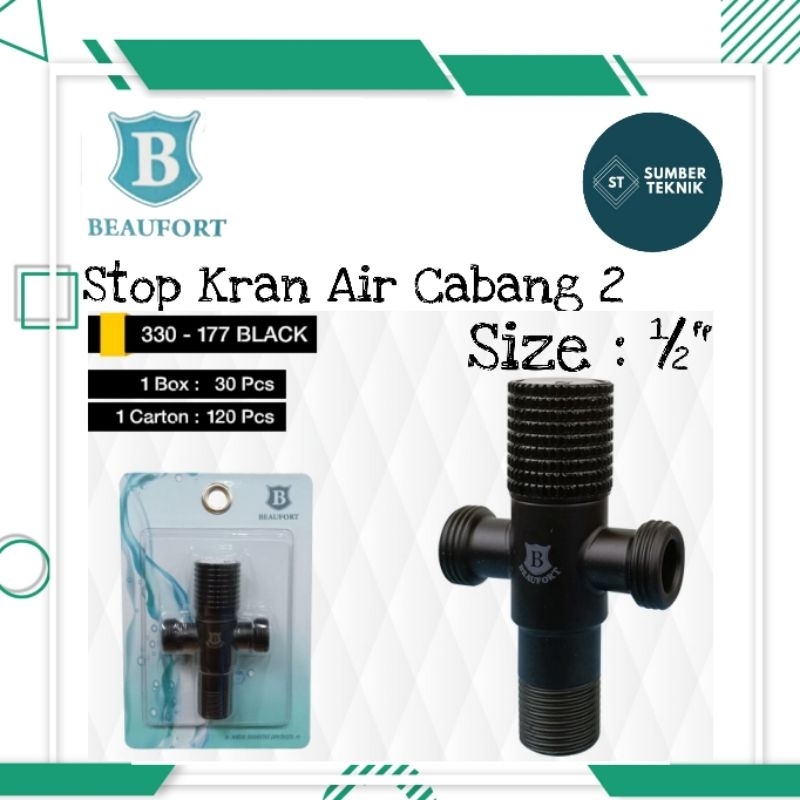 BEAUFORT Stop Kran Air Jet Shower Cebok Keran Hitam Cabang 2 T Stainless 1/2 Inch Black