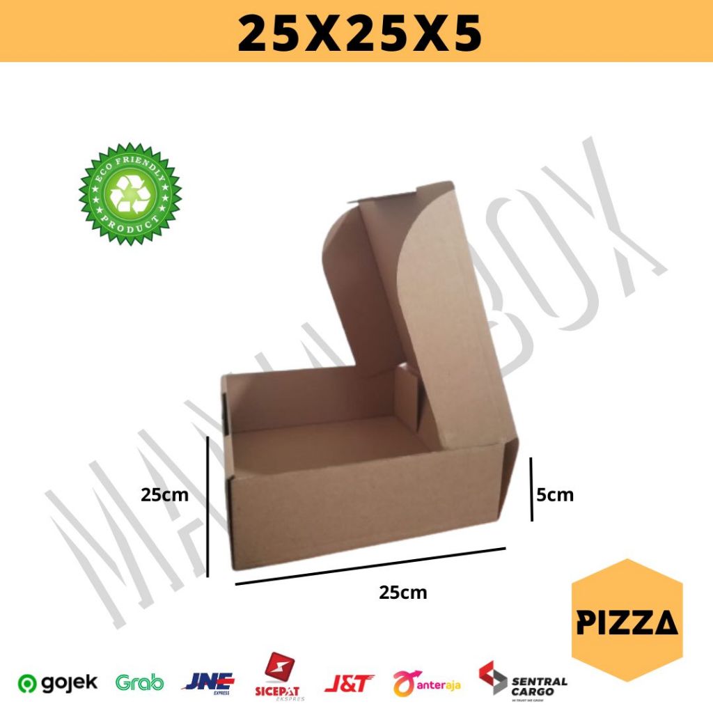 

Kardus / box ukuran 25x25x5 cm model pizza polos bahan coklat luar dalam untuk snackbox, baju, hadiah, album, kado