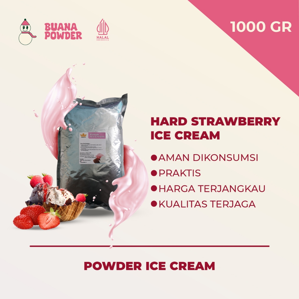 

BUANAPOWDER - BUBUK ES KRIM MURAH RASA STRAWBERRY 1000 gr / HARD STRAWBERRY ICE CREAM POWDER