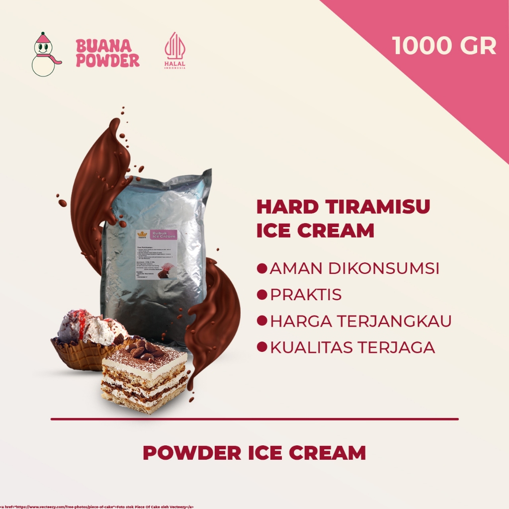

BUANAPOWDER - BUBUK ES KRIM MURAH RASA TIRAMISU 1000 gr / HARD TIRAMISU ICE CREAM POWDER