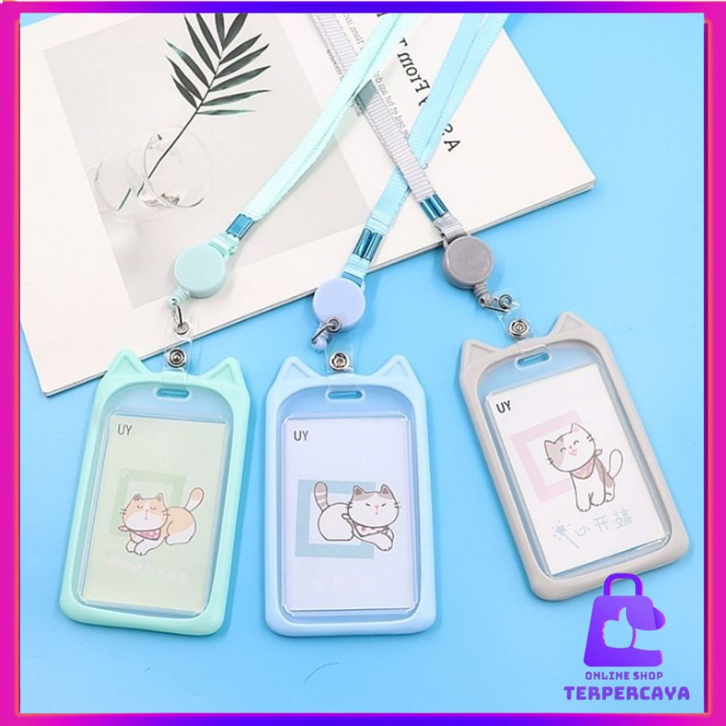 

OST Name Tag Lanyard Gantungan Kartu Motif Kucing Akses MRT Busway E-Money Flazz BRIzi Bentuk Karakter Warna Pastel Lanyart Card Holder Id Card