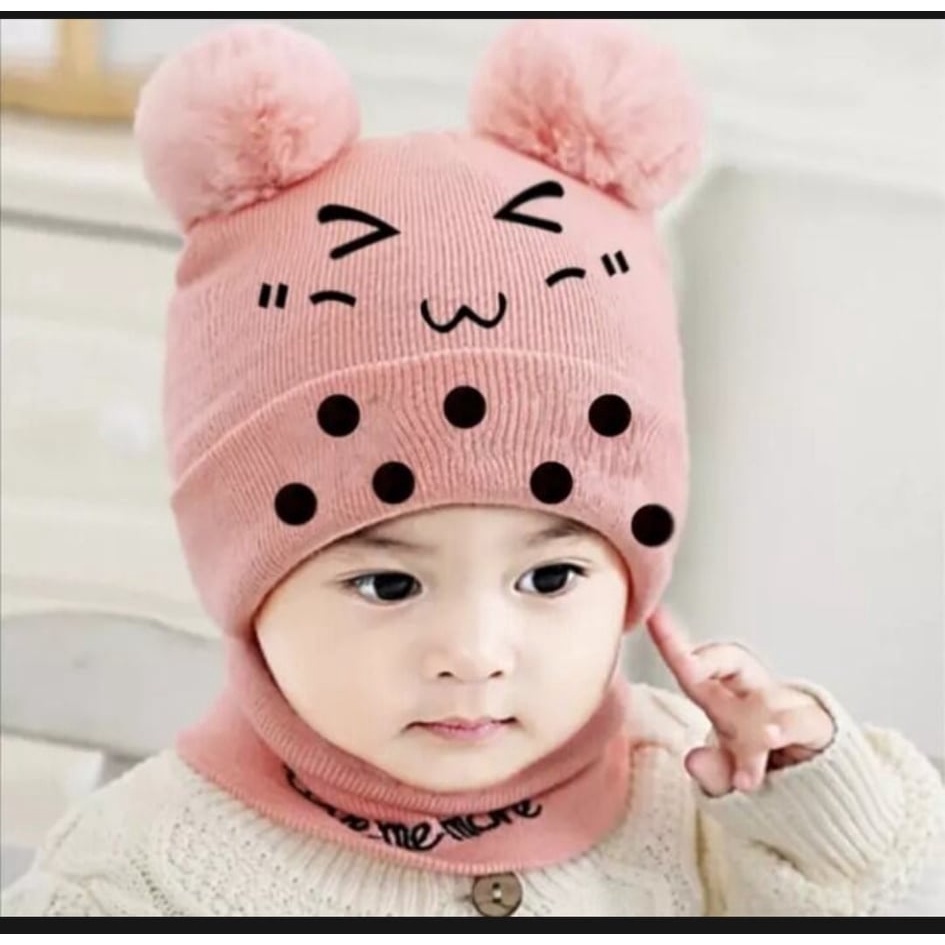 Kupluk Pom Pom Rajut Anak Bayi Bordir Boba / kupluk Baby Bordir Boba