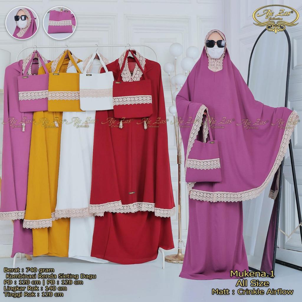 AJE ZAS - Mukena Sleting Dagu Size Jumbo Dewasa Renda Bahan Crinkle Airflow