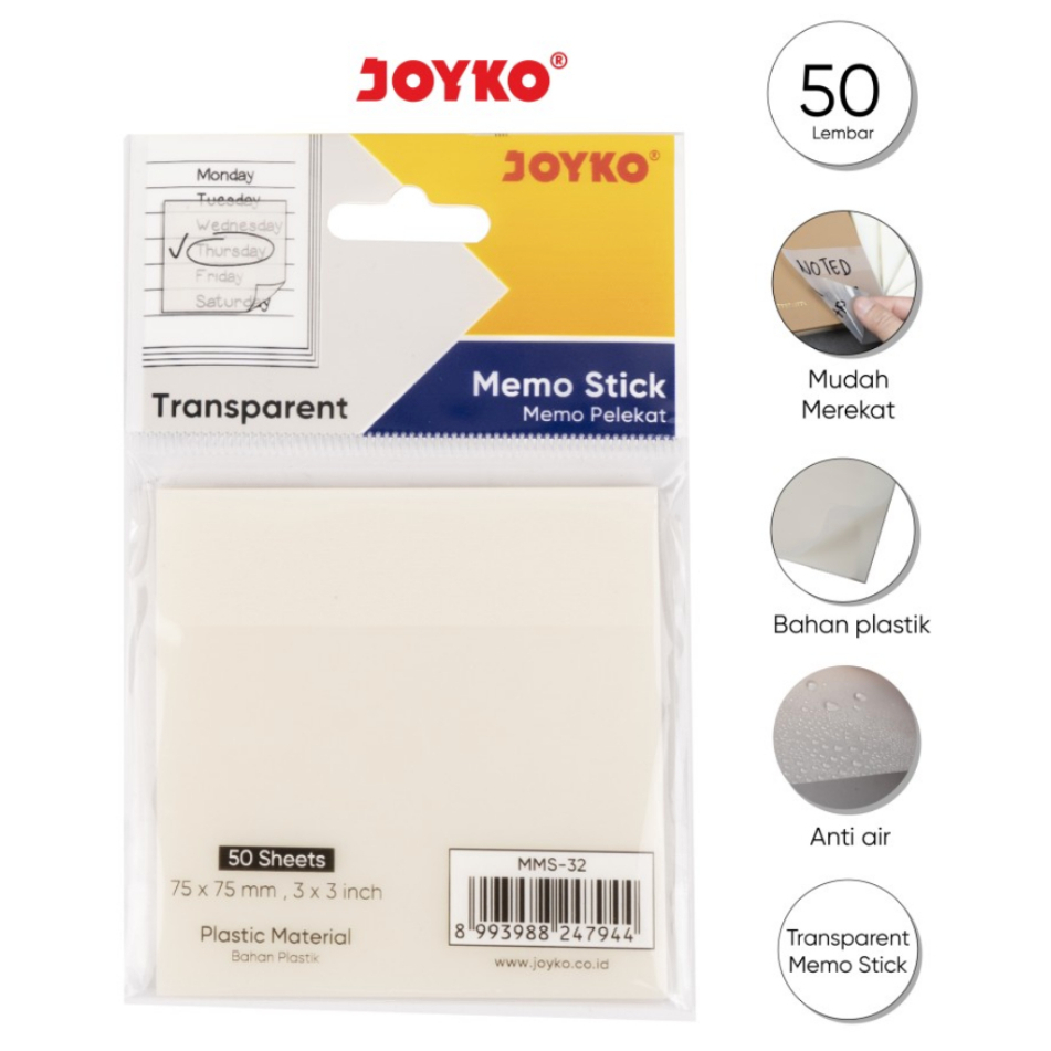 

MEMO STICK JOYKO TRANSPARAN MMS-32 / Sticky Notes Note Memo Tempel joyko Transparan Transparant Bening MMS-32