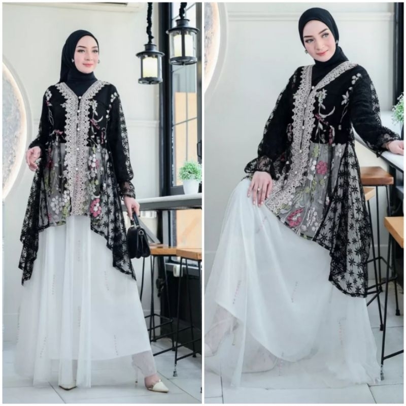 Serena Outer tille mix brukat dengan kerah renda| Tunik tulle garden| Outer brokat hitam| Outfit kon