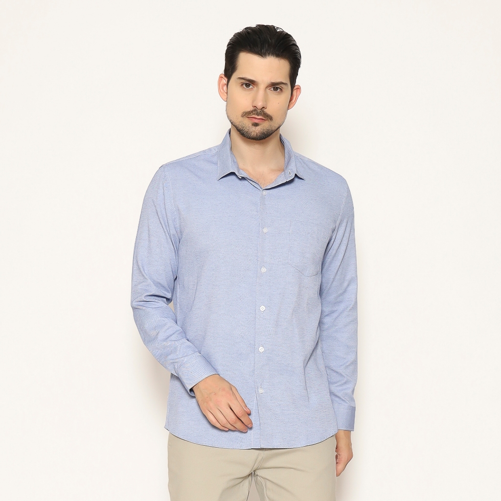 MAGINOT Kemeja Pria Basic Texture Lengan Panjang BLUE