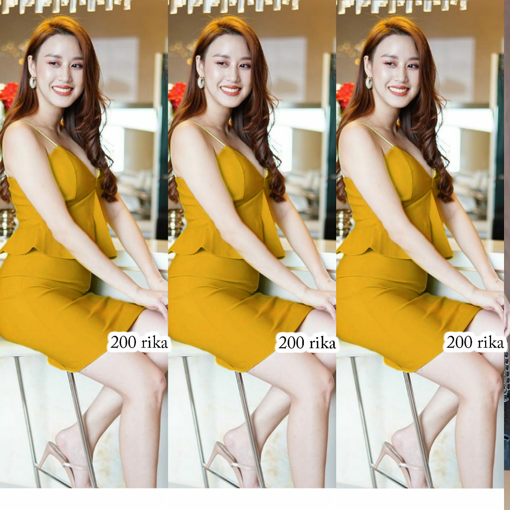 MINI DRESS KOREA 200 LEXIE WARNA KUNING GOLD ONLY | BAJU SEXY WANITA TERBARU BAHAN SCUBA WEDGES PRES