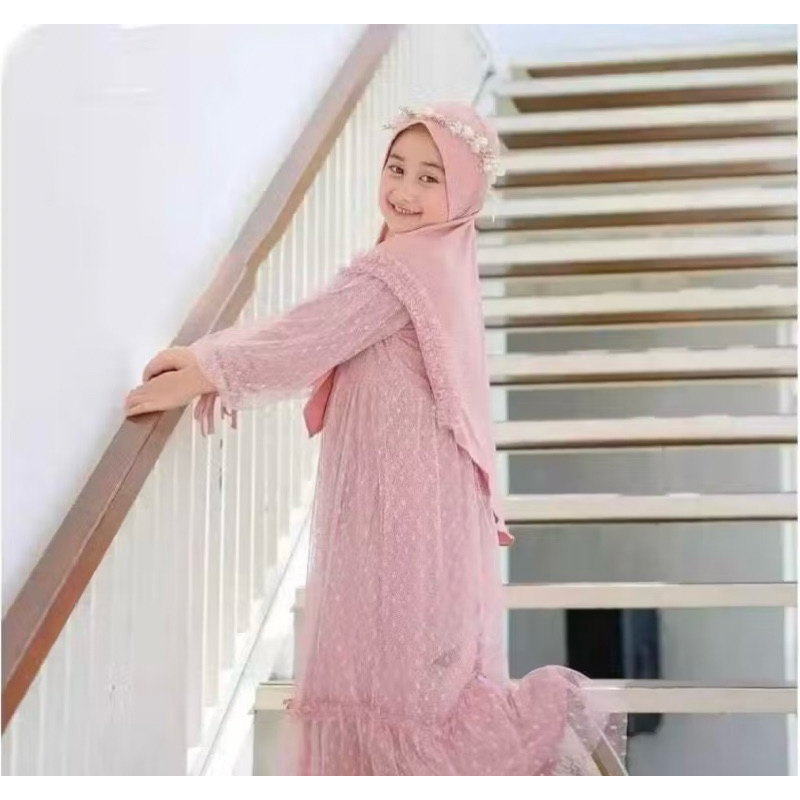 Gamis Alvira  Kids Khimar model terbaru untuk acara kondangan untuk usia 5-13 tahun bahan Crickle Ai