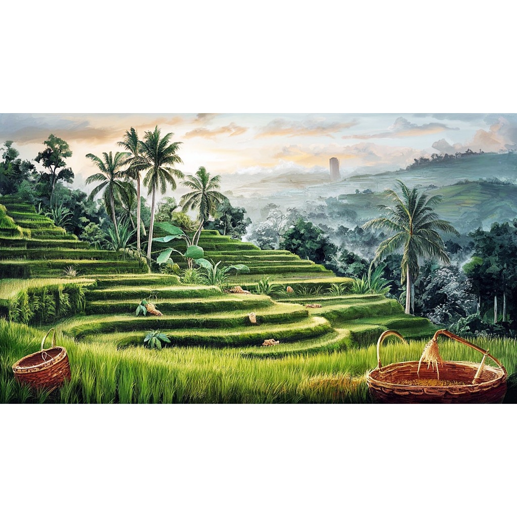 Lukisan Pedesaan Alami dengan Pemandangan Sawah Hijau yang Memukau