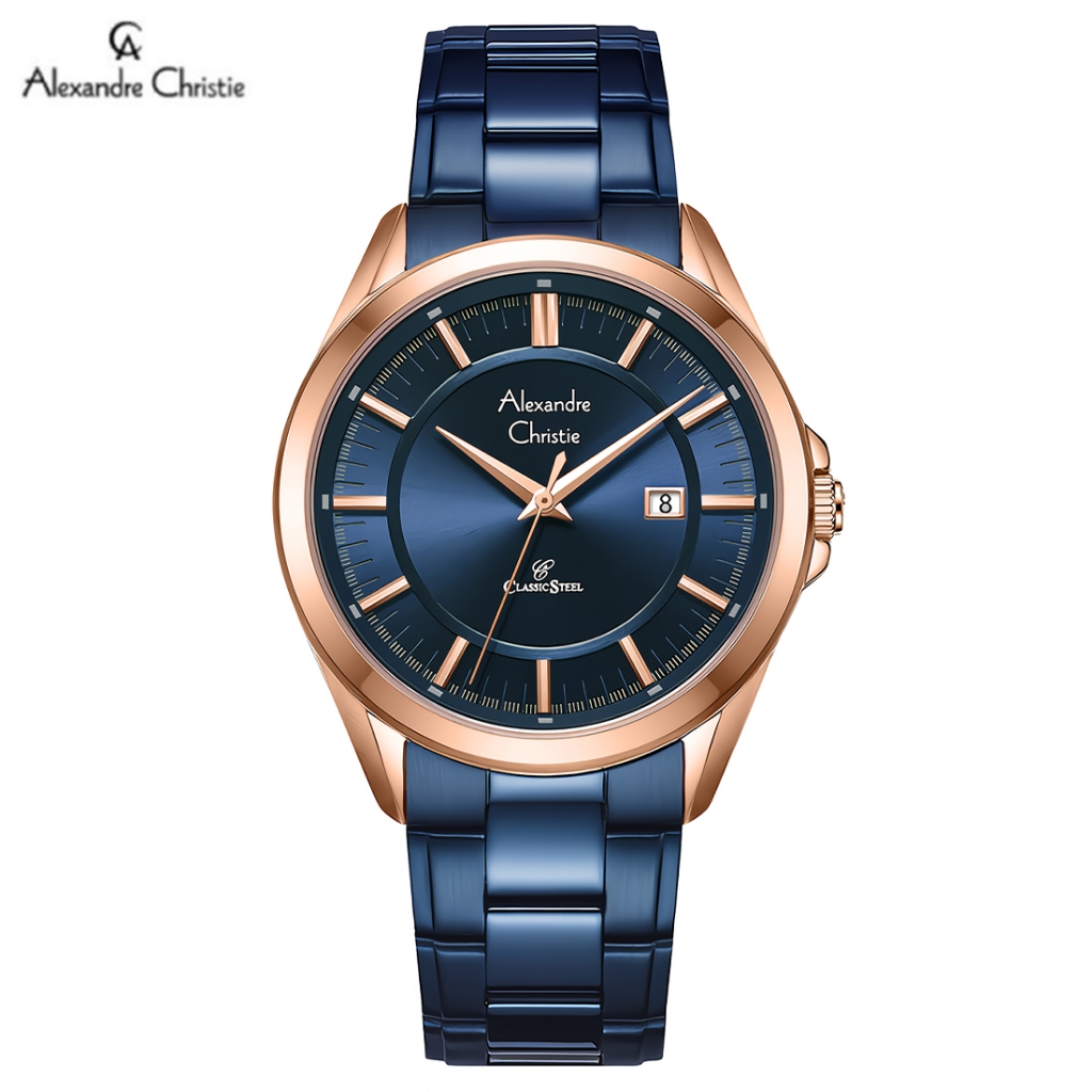 Alexandre Christie Classic Steel 8675 MDBURBU Jam Tangan Analog Pria Rosegold Blue Stainless Steel