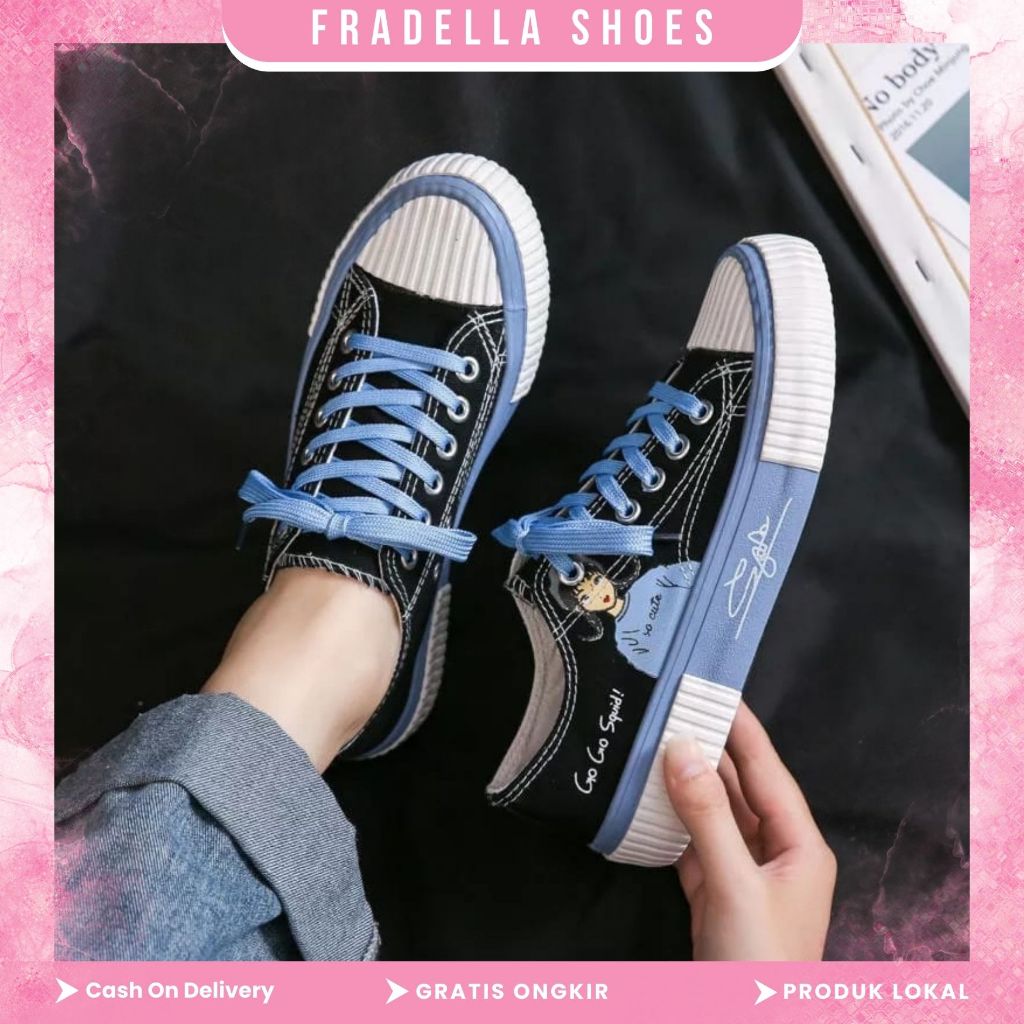 FRADELLA21 - Sepatu Sneakers Wanita Sepatu Kets Fashion Sepatu Model Temali Motif Karakter Terbaru 2