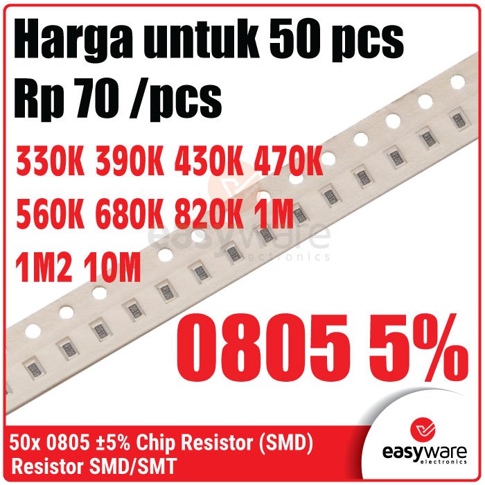 50pcs Resistor 0805 330K 390K 430K 470K 560K 680K 820K 1M 1M2 10M Chip Resistor SMD 0805 5% 1M Ohm 1