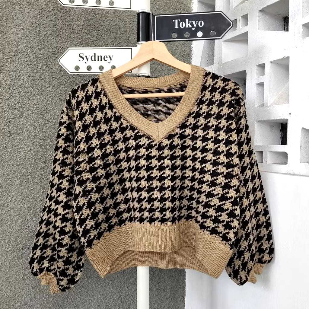 Outer Wanita Crop Top Rajut Motif Houndstooth Sweater Rajut Crop Wanita Kekinian