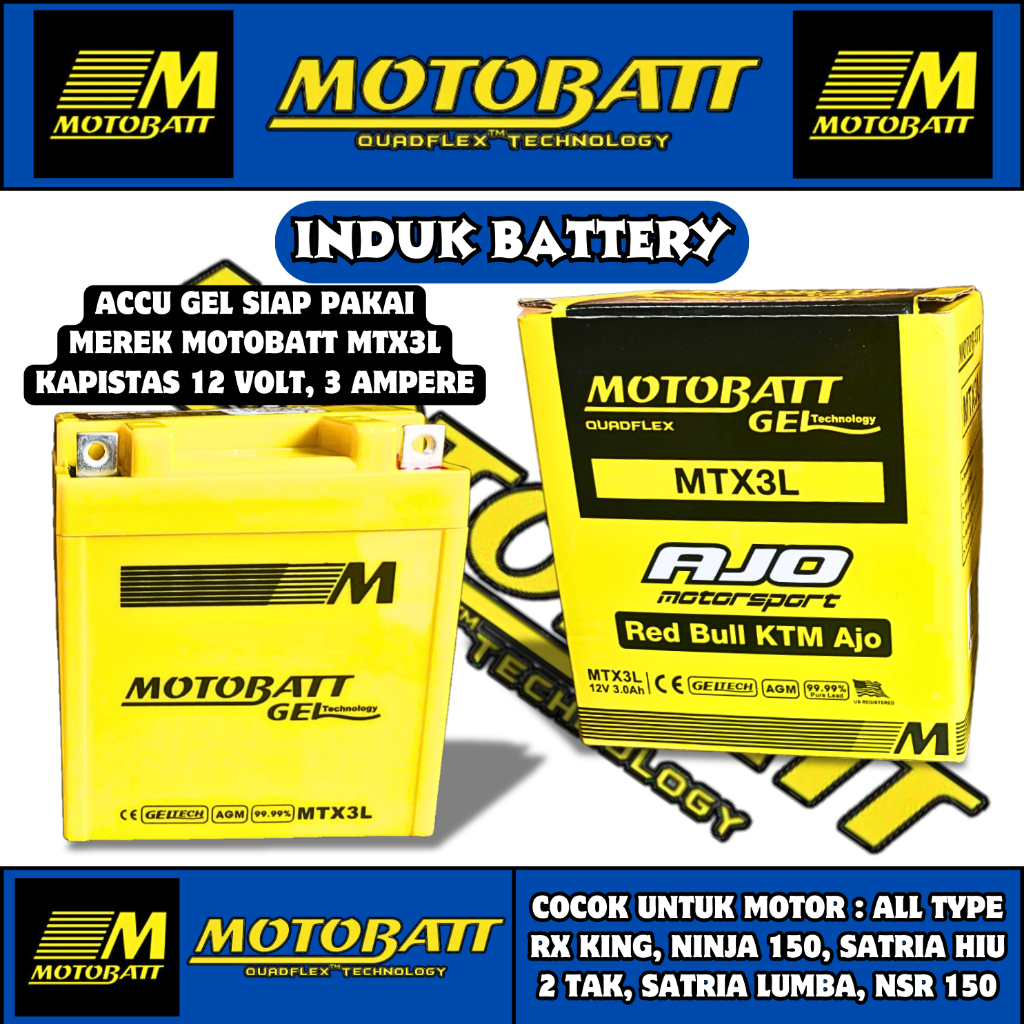 Aki Motobatt MTX3L ORIGINAL AKI KERING GEL MOTOR RX KING NINJA 150 R NINJA SS SATRIA HIU