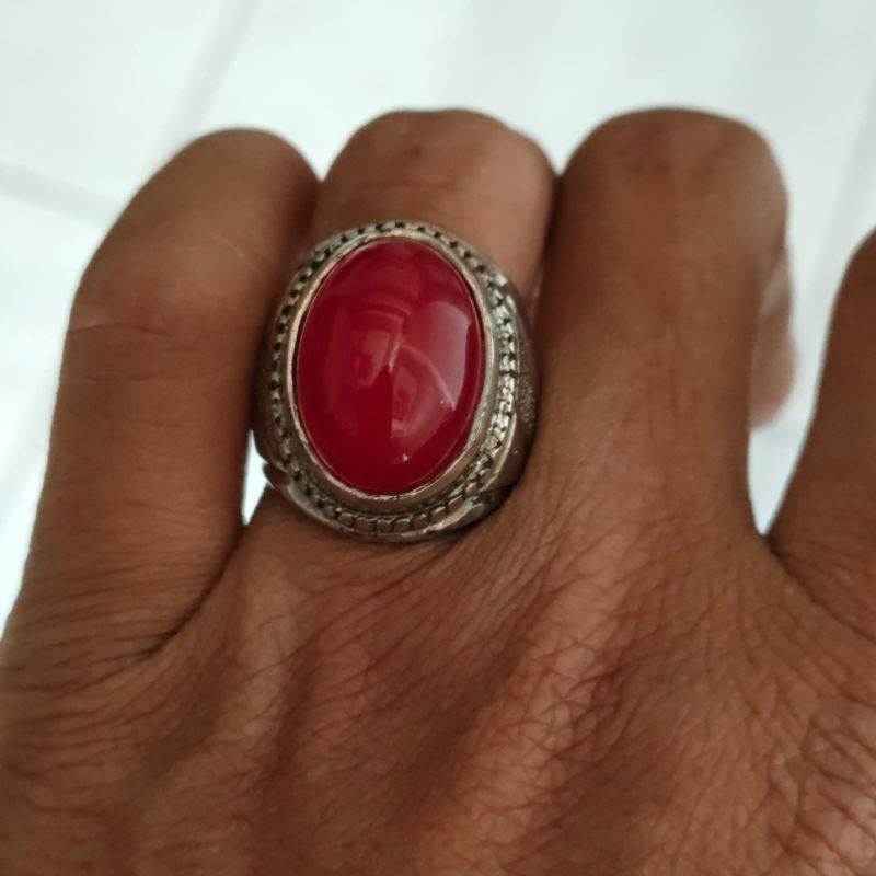 CINCIN PRIA BATU GIOK MERAH RED BARON SERAT DALAM RING ALPAKA