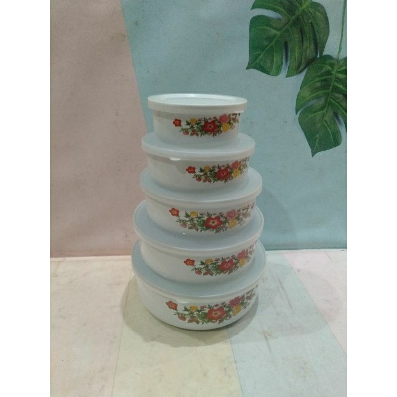 mangkok susun enamel tutup plastik 5pcs