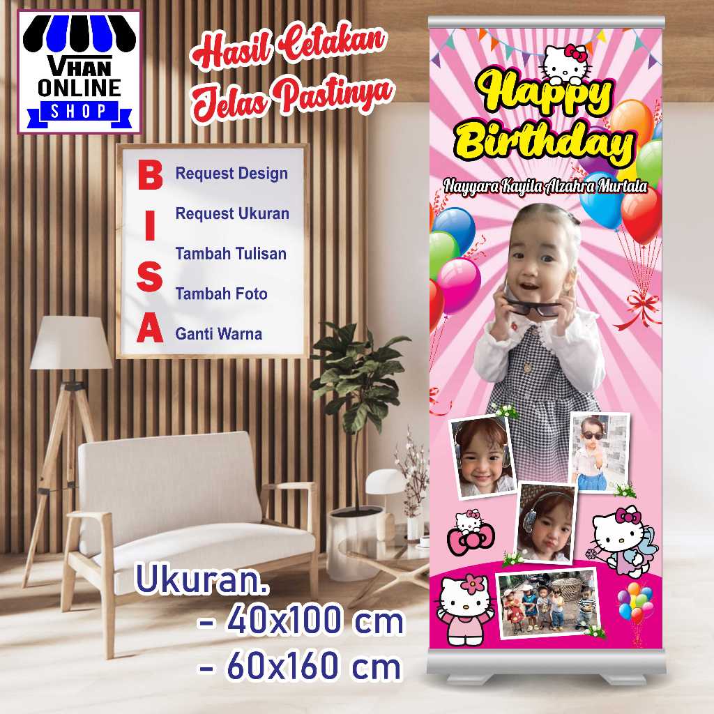 Design Banner Spanduk MMT Motif Hello Kitty Untuk Ulang Tahun Anak
