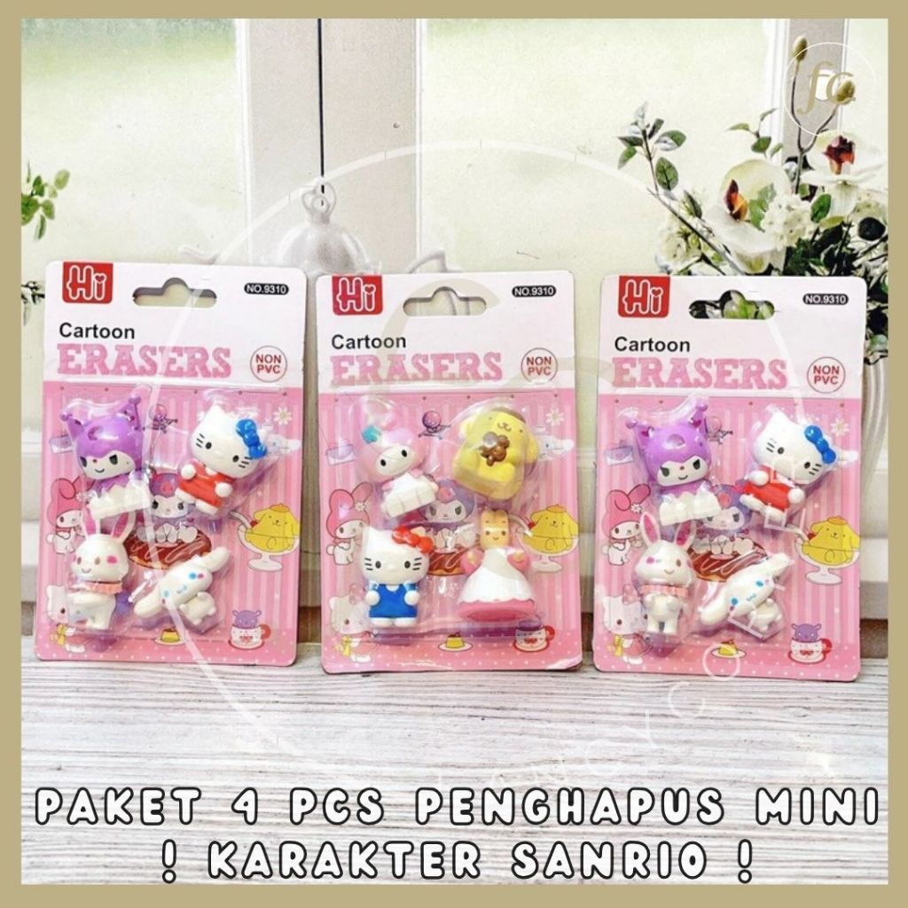 

Set 4 Pcs Penghapus Karet / Setip / Penghapusan Papan Sanrio Kuromi Cinnamoroll Hello Kitty Wish Me Well Marroncream Hi no. 9310 ER-1429 Non PVC Mini Cartoon Rubber Eraser Mainan Bingkisan Alat Tulis ATK Harga Grosir Ready COD