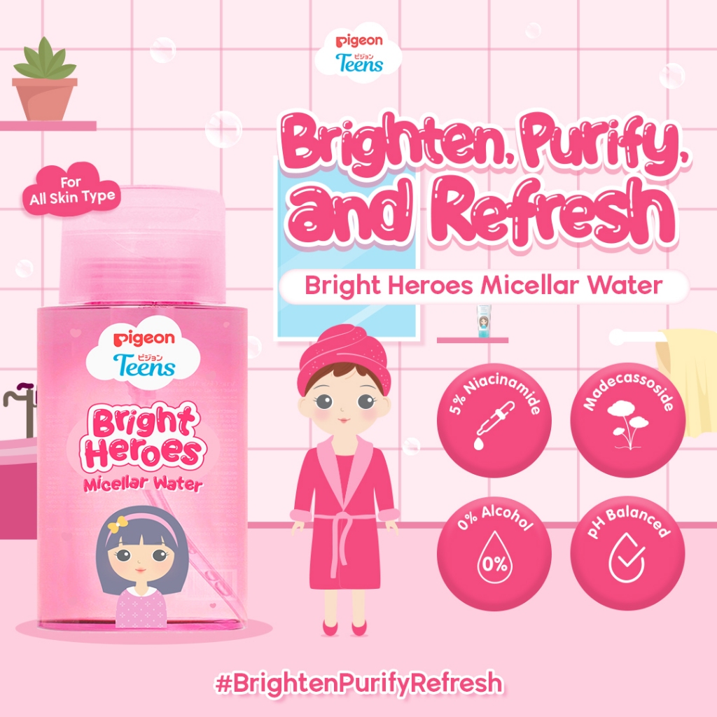 PIGEON TEENS BRIGHT HEROES MICELLAR WATER 100 ML| Micellar Water Pembersih Wajah Double Cleansing|Sk