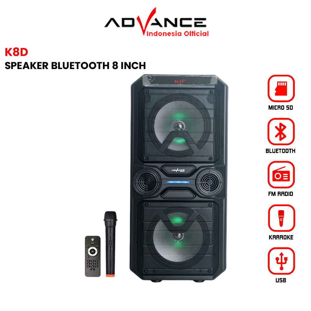 Advance Speaker 8 Inch K8D Double Portable Bluetooth Gratis Mic Wireless