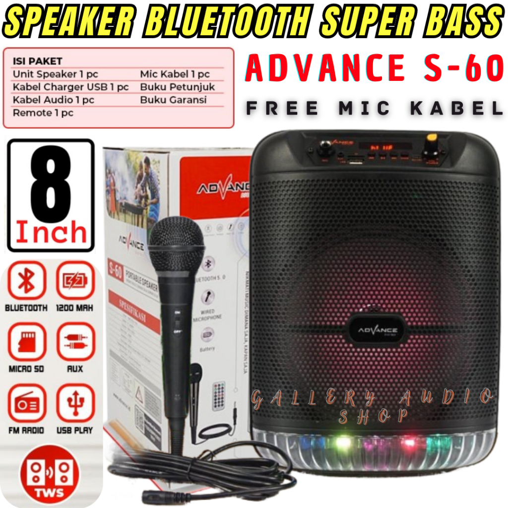 Speaker Aktif Bluetooth ADVANCE S-60 [ GRATIS MIC ] | Speaker Bluetooth 8Inch Bisa Buat Karaoke Suda