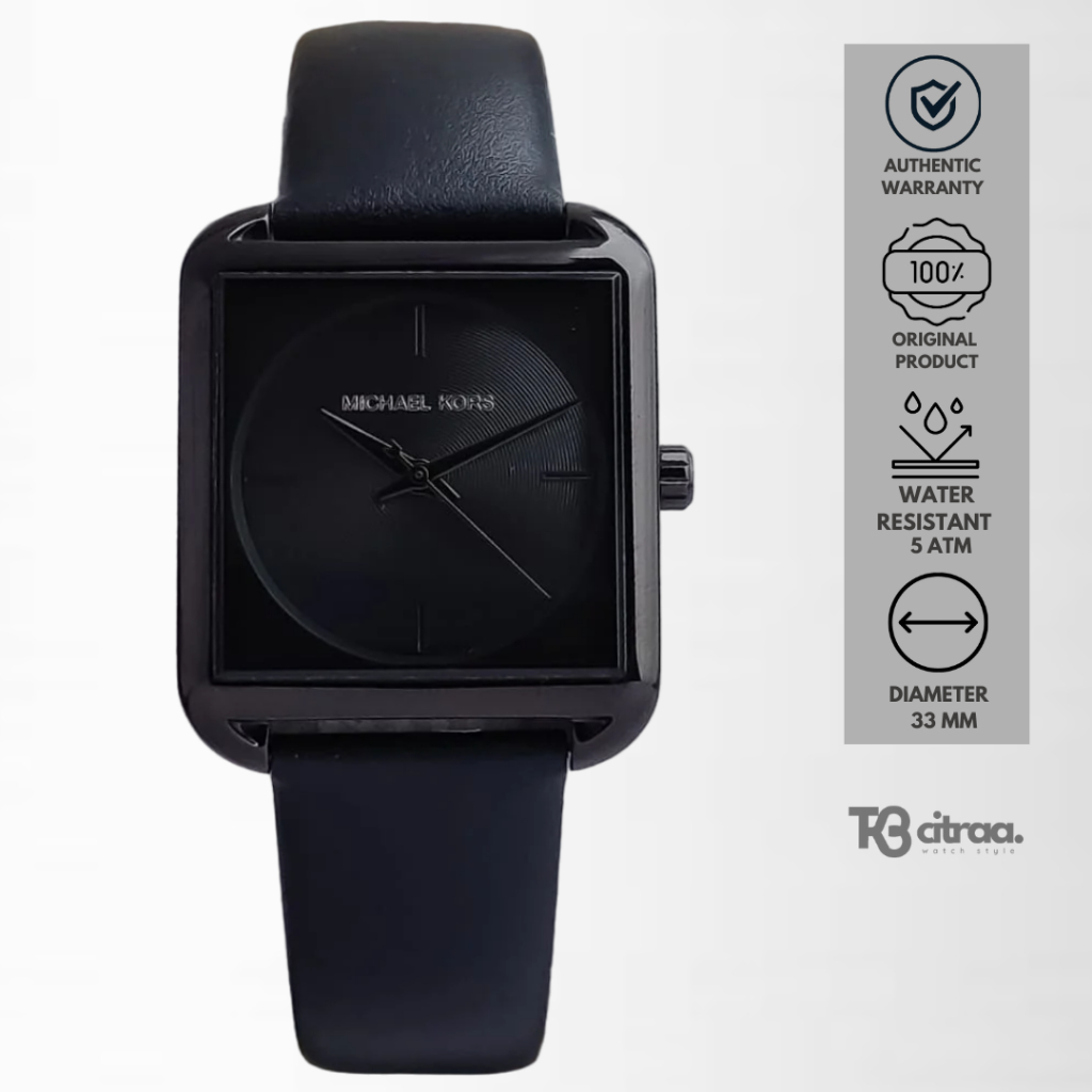 jam tangan wanita Michael Kors Lake analog strap kulit cewek water resistant casual hitam elegant or