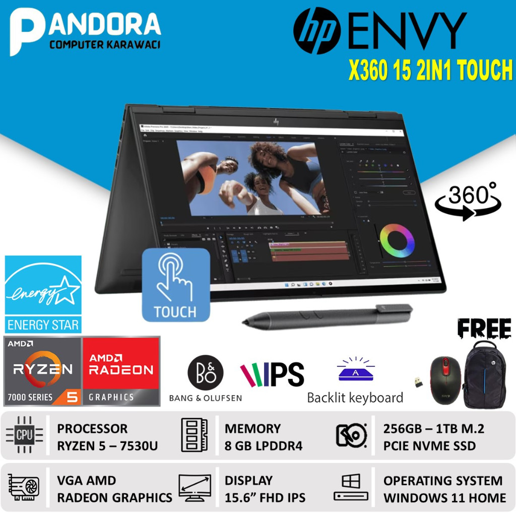 HP ENVY X360 15 RYZEN 5 7530U 8GB SSD 512GB WIN 11 15.6 FHD IPS TOUCH BLACK