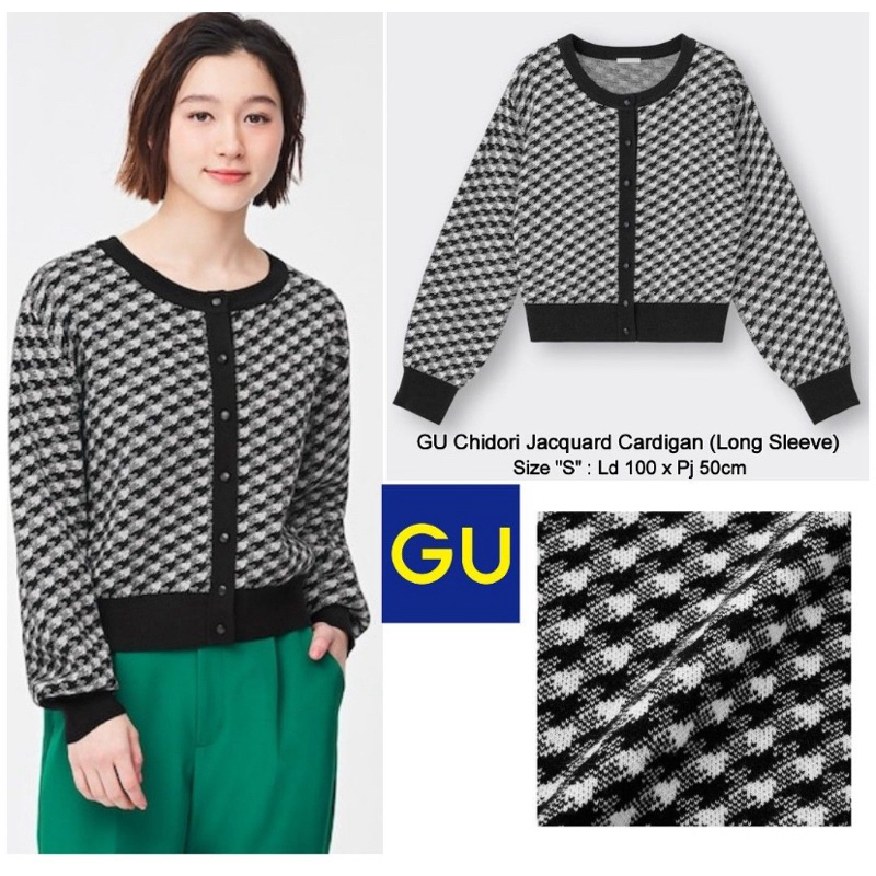 GU UNIQLO houndstooth knit cardigan - cardigan rajut motif houndstooth - cardigan crop lengan balon