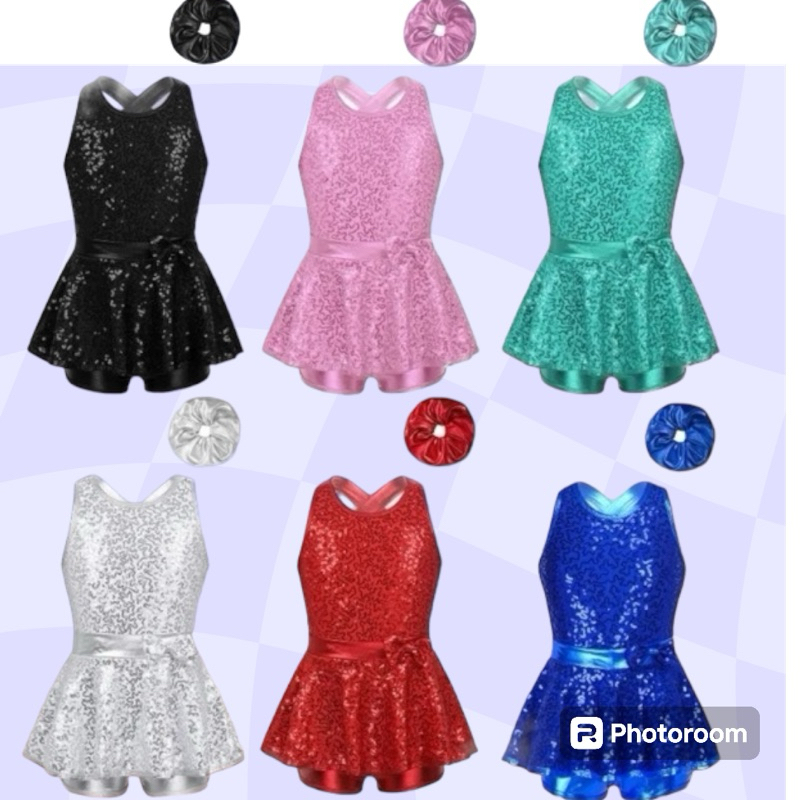 Gymnastic Leotard Rhytmic Skate Dance Baju Senam Ritmik set ikat rambut ukuran 5-16 tahun