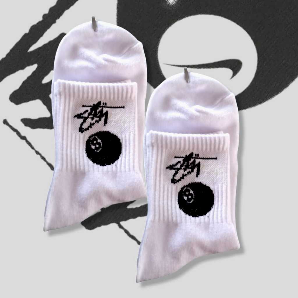 Kaos Kaki Sport [ Stussy White ] Kaos Kaki Motif Oldschool Pendek 3/4 Betis / Kaos Kaki Olahraga Pri