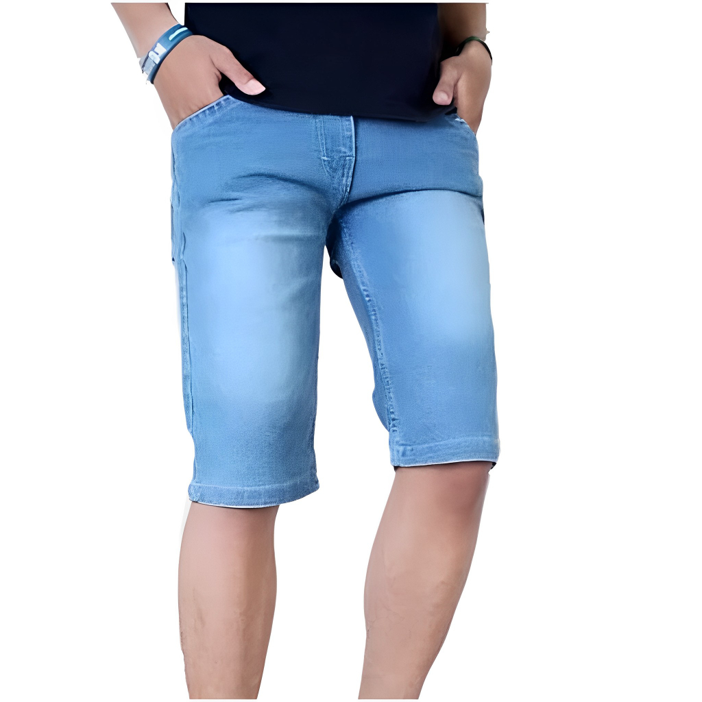 MEDAN Celana Pendek Pria Jeans Polos Melar Denim Hitam 27/38