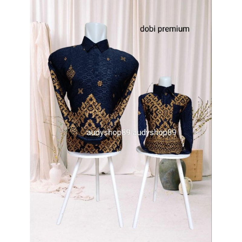 Couple batik dobi pria dan anak premium lengan panjang warna navy gold