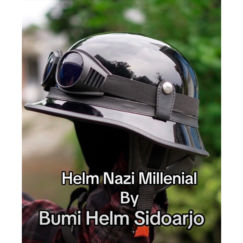 HELM MILLENIAL RETRO NAZI CRAZY CAT HITAM GLOSSY + kacamata