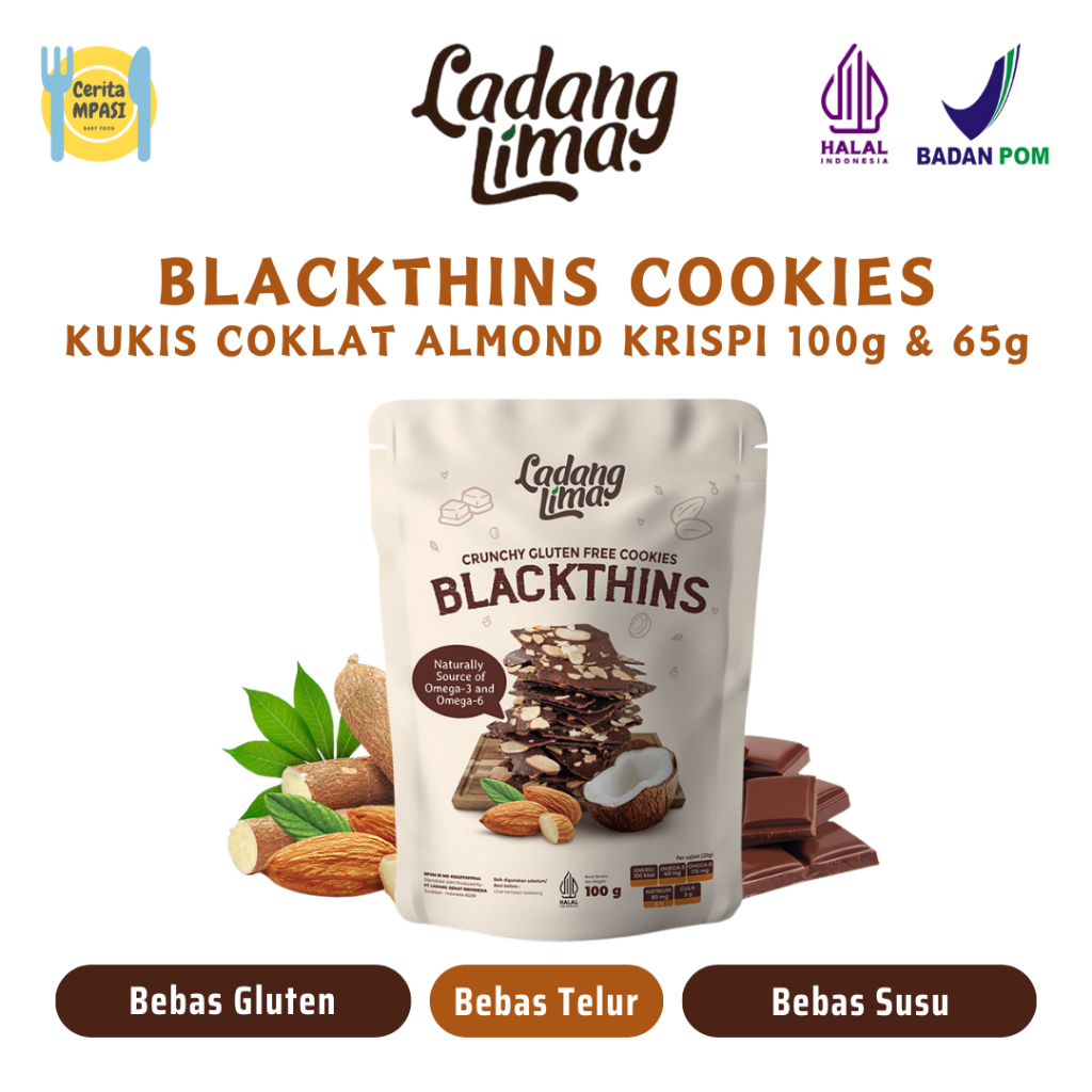 

Ladang Lima Blackthins Cookies 100gr & 65gr Kukis Almond Krispi Snack Sehat Gluten Free