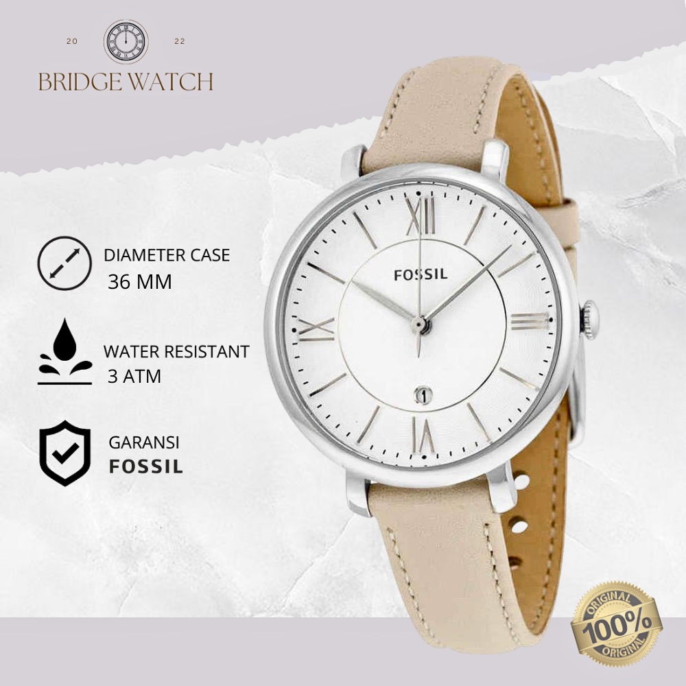 Jam Tangan Wanita Fossil Jacqueline ES3793 Original Analog Cream Leather Strap Kulit Cewek Casual Lu