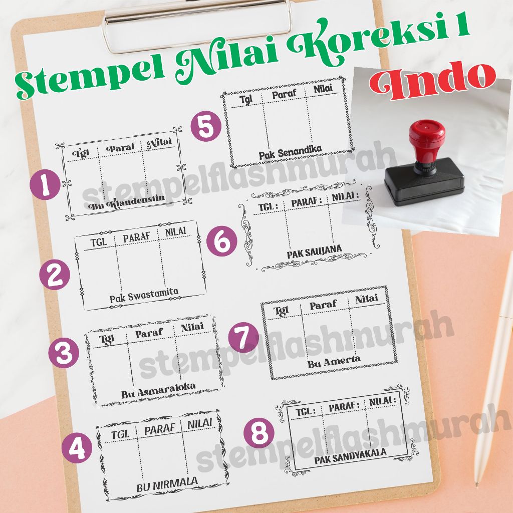 

stempel nilai koreksi guru 1 nama tanda tangan sekolah SD SMP SMA penilaian tinta otomatis warna flash stamp stempelflashmurah