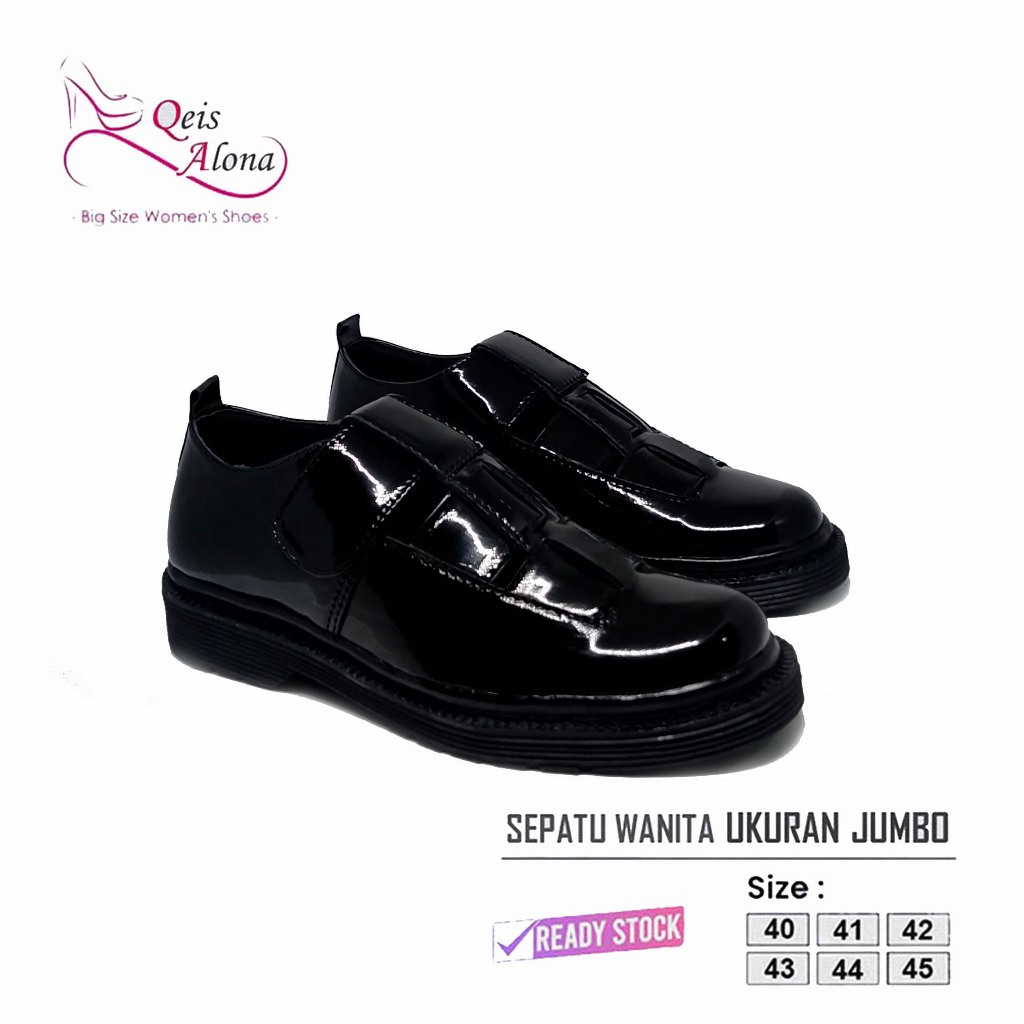 Qeis Alona | Sepatu Wanita Original Docmart Big Size | Oxford Black Glossy Formal Kasual | Big Size 