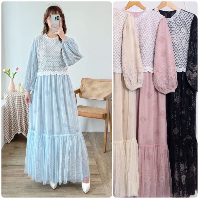 gamis kombinasi brukat tile
