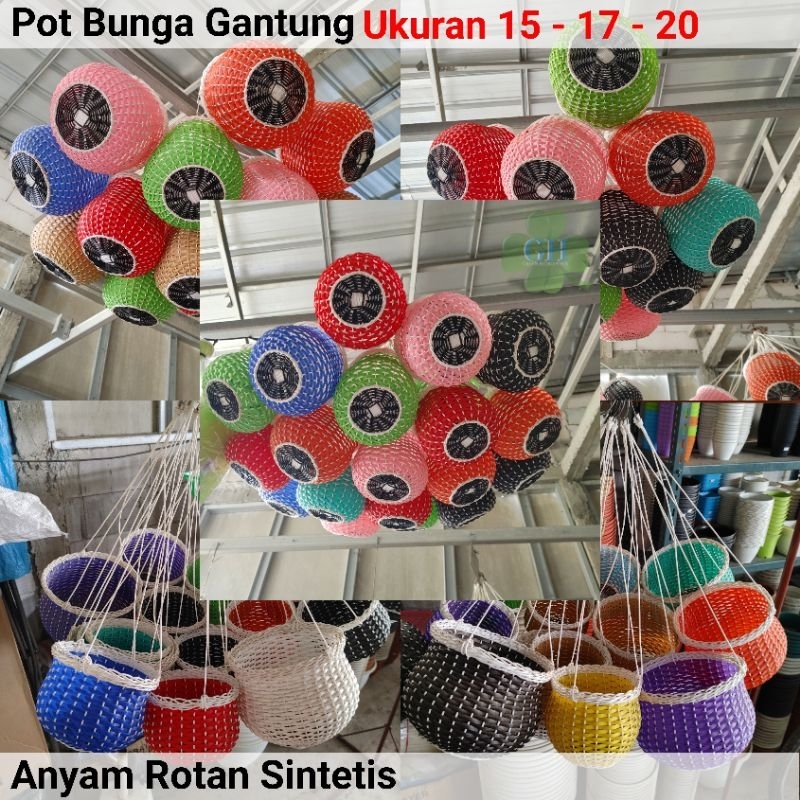 Pot Bunga Gantung Anyaman Rotan Sintetis Ukuran 15 17 20