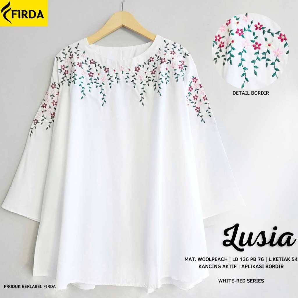 Blouse Putih Jumbo Motif Bordir Bunga Atasan Wanita Muslimah Lengan Panjang LUSIA Blus