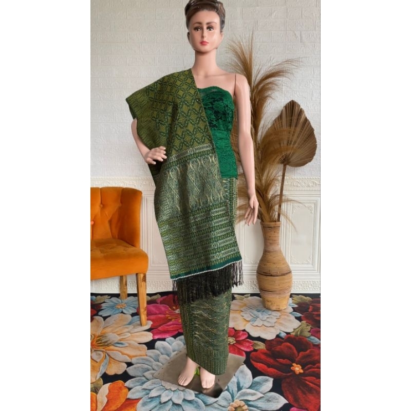 Songket Hijau Botol + Kristal Emas