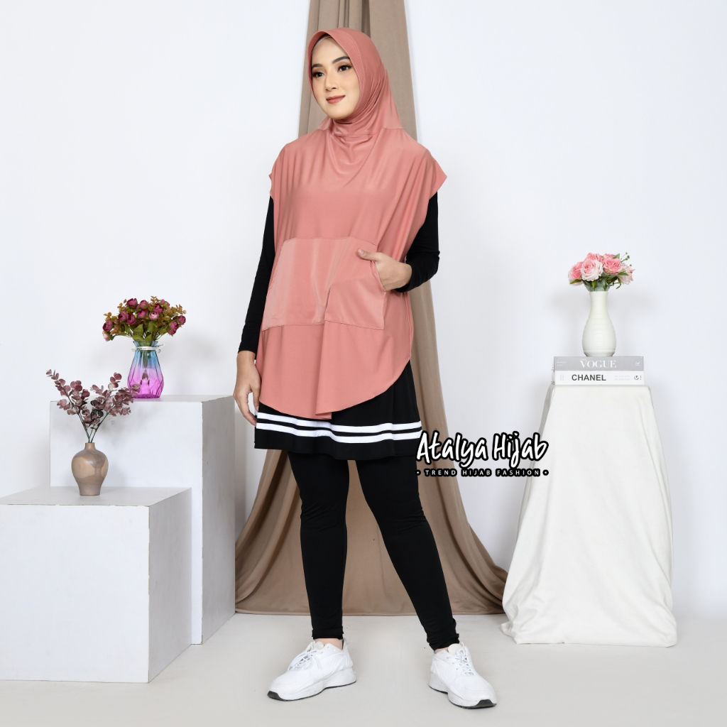 Atalya Hijab Hijab Bergo Rompi Crop Syari Vest Falisha Saku / Jilbab Sporty Found Fitness Lari Senam