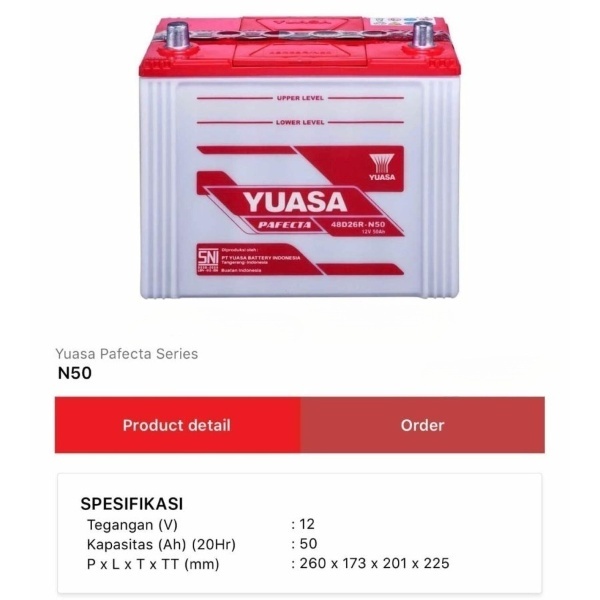 [SULTENG] Baterai Aki Basah YUASA N50 12V 50AH 48D26R / Aki Basah Yuasa Pafecta 12V 50AH Aki Accu