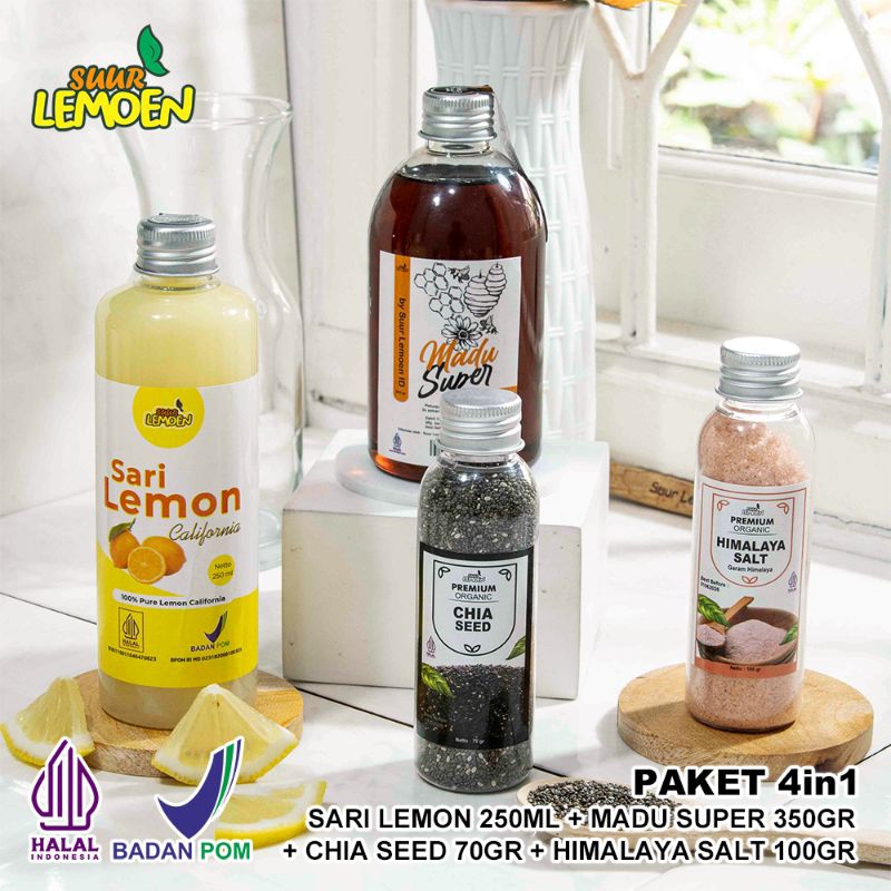 

PAKET DETOX IMMUNITAS 4in1 Suur Lemoen - Sari Lemon Madu Chia Seeds Garam Himalaya