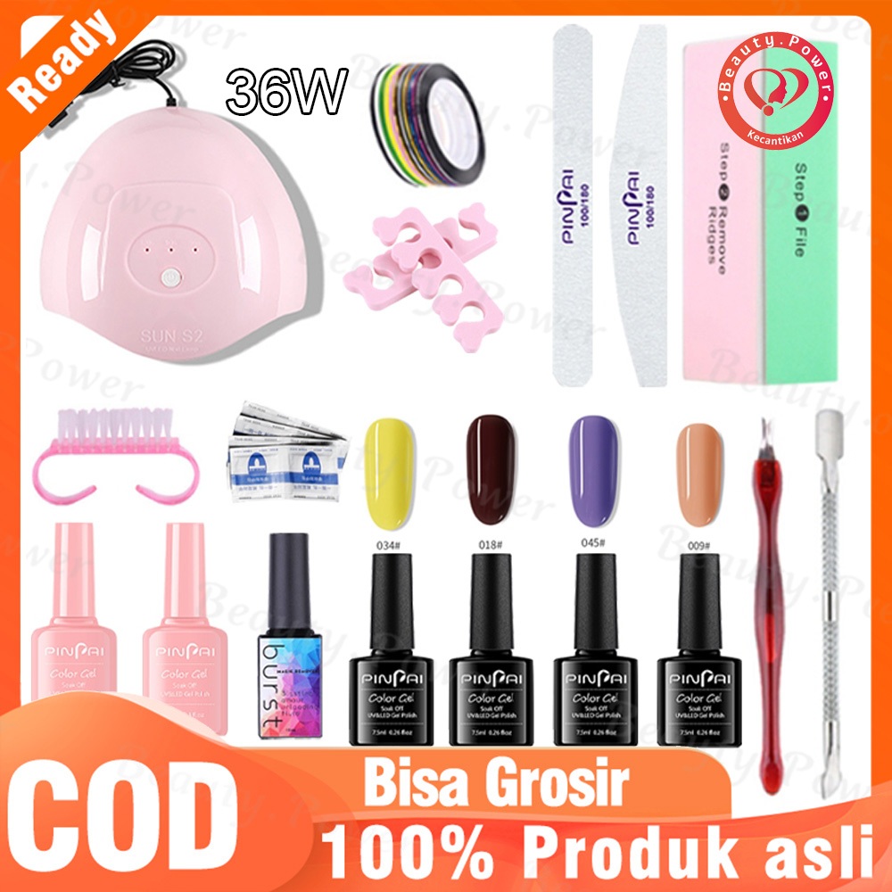 Set Kutek Gel Lampu Kuku UV 36W 4 Warna Cat Kuku Gel, Set Peralatan Manikur Seni Kuku