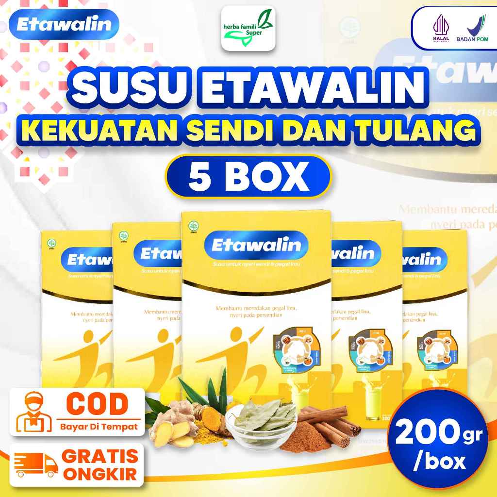 

Paket Super 5 Box ETAWALIN Kambing Etawa 5 Herbal Tambahan Mengatasi Nyeri Sendi dan Asam Urat