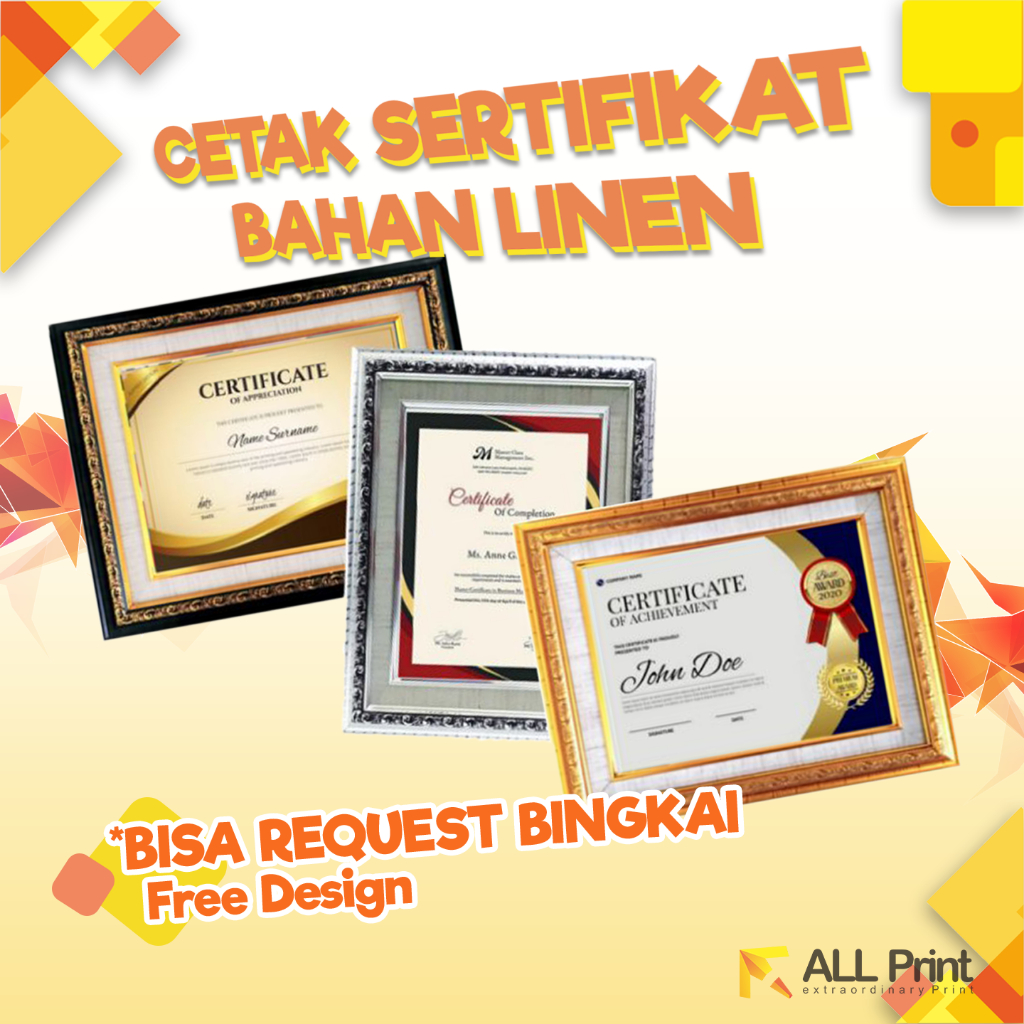 PRINT/ CETAK PIAGAM BAHAN LINEN DENGAN BINGKAI PENGHARGAAN CUSTOM