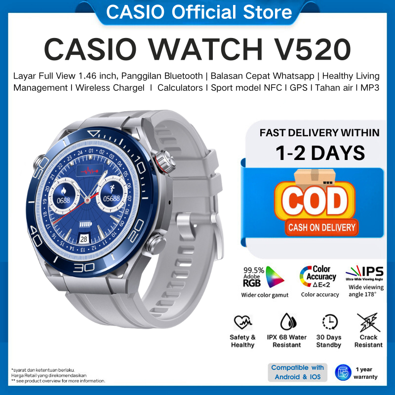 [100% Original] Casio SmartWatch V520，Panggilan suara, tampilan jam khusus, MP3, pemantauan detak ja