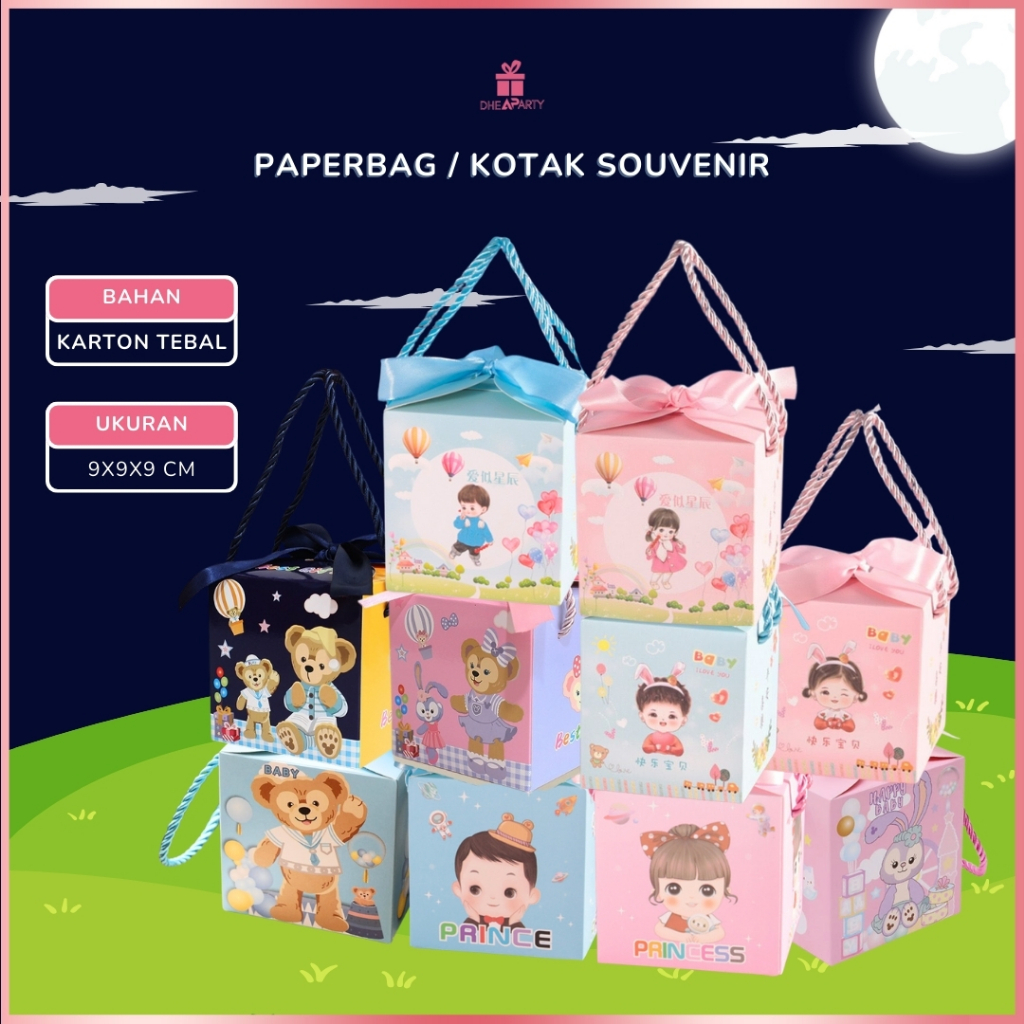 

DP Paperbag Khusus Snack Kecil dan Permen / Kotak Sovenir Ulang Tahun Berpita / Tas Hadiah Sovenir Ulang Tahun Kotak Kubus PP12